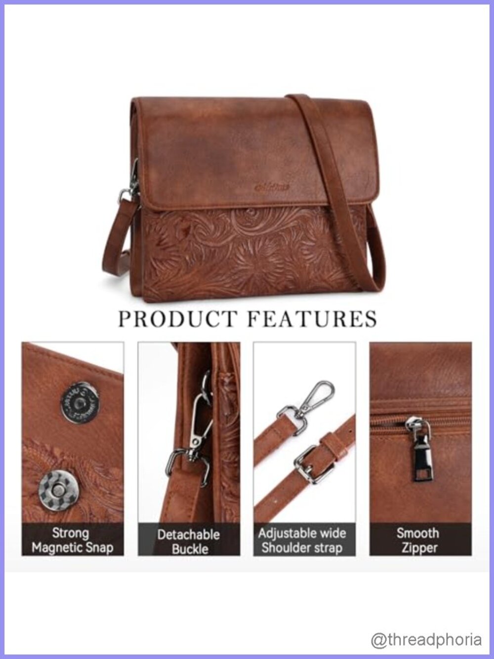 Vegan Leather Crossbody Bag for Women with Phone Pocket and Adjustable Strap - Picture 4 of 6